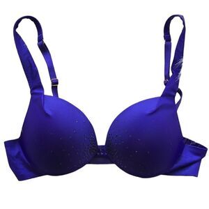 VICTORIAS SECRET- Plunge Satin Midnight Blue W/ Rhinestones Padded Bra, Size 34D
